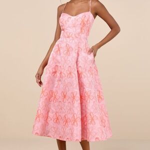 NWT Lulus Meet For Tea Pink Jacquard Bustier Midi Dress With Pockets - Size XL